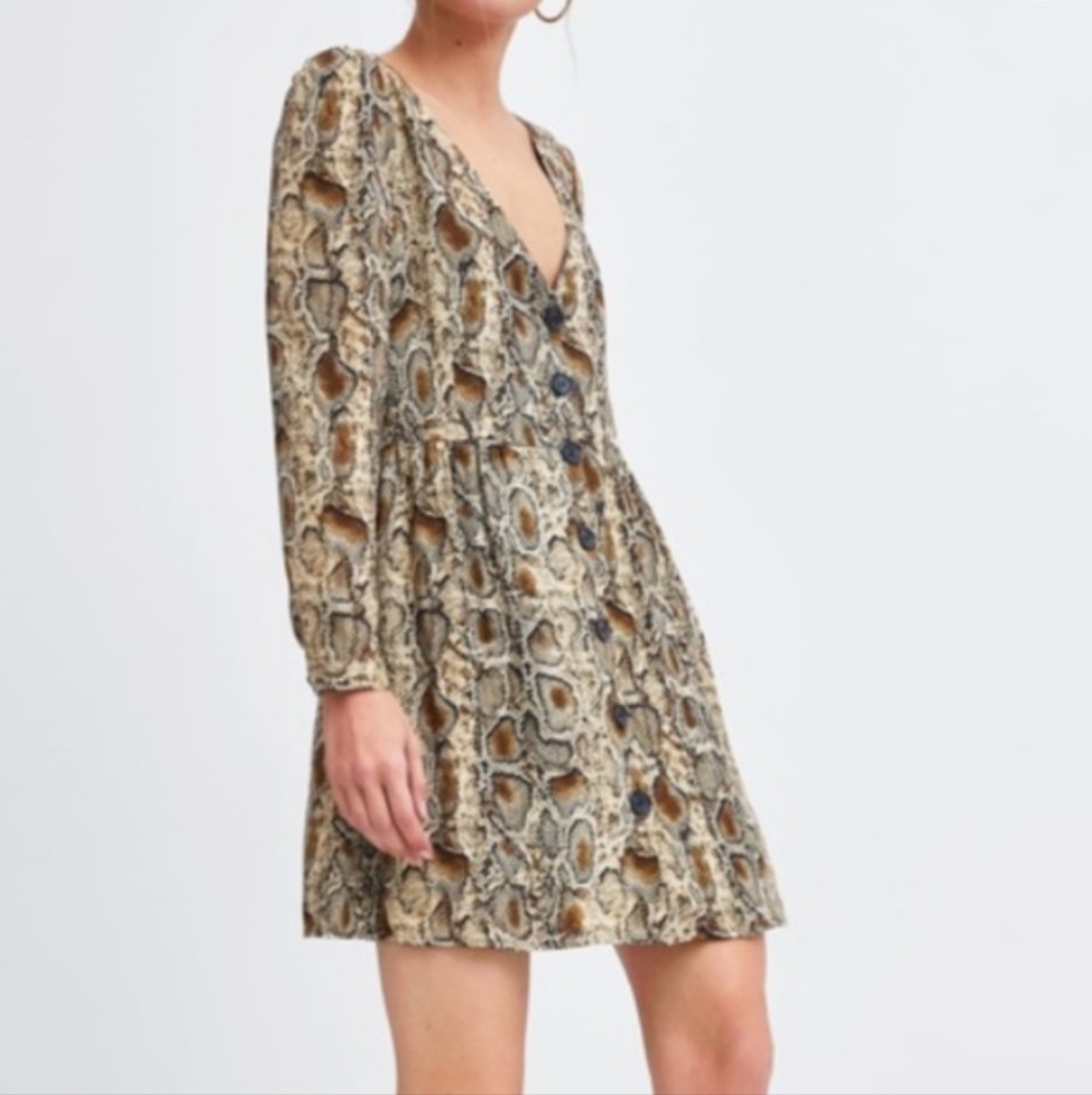 Zara Beige Brown Snake Print V‑Neck Mini Dress